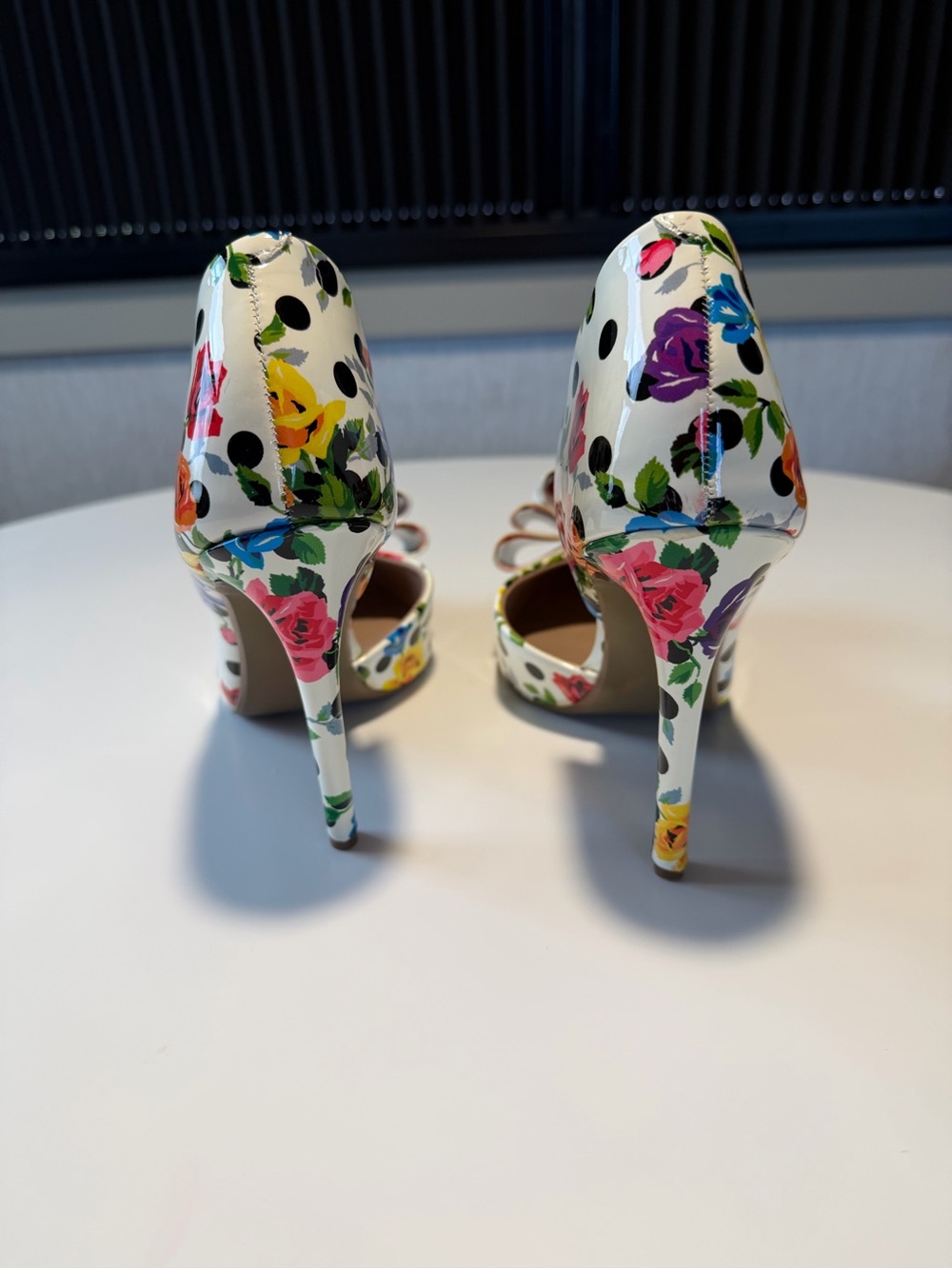 Betsey Johnson White & Black Floral Pointed Toe Stiletto Heels with Bow Accent - Picture 6 of 14